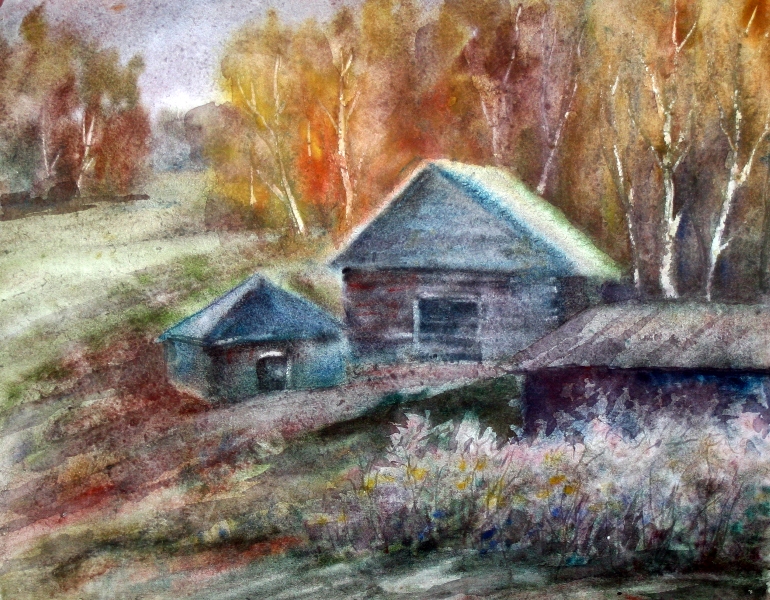 Соловьев Г.С.1941-2007гг Заимка 2004г. бум.акварель 485х375 ТХМ-372 Ж-217